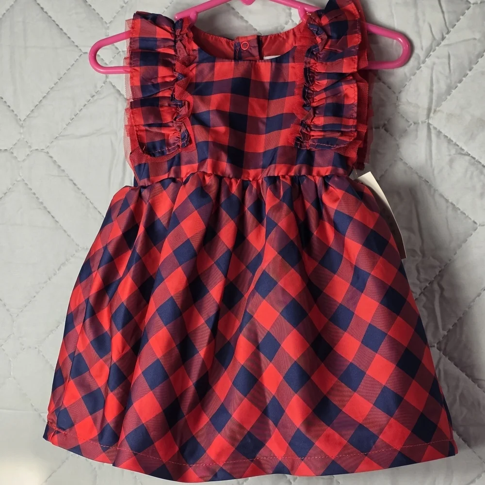Baby Girls Cat & Jack Buffalo Plaid Ruffle Sleeve Christmas Dress - Sz 12 month
